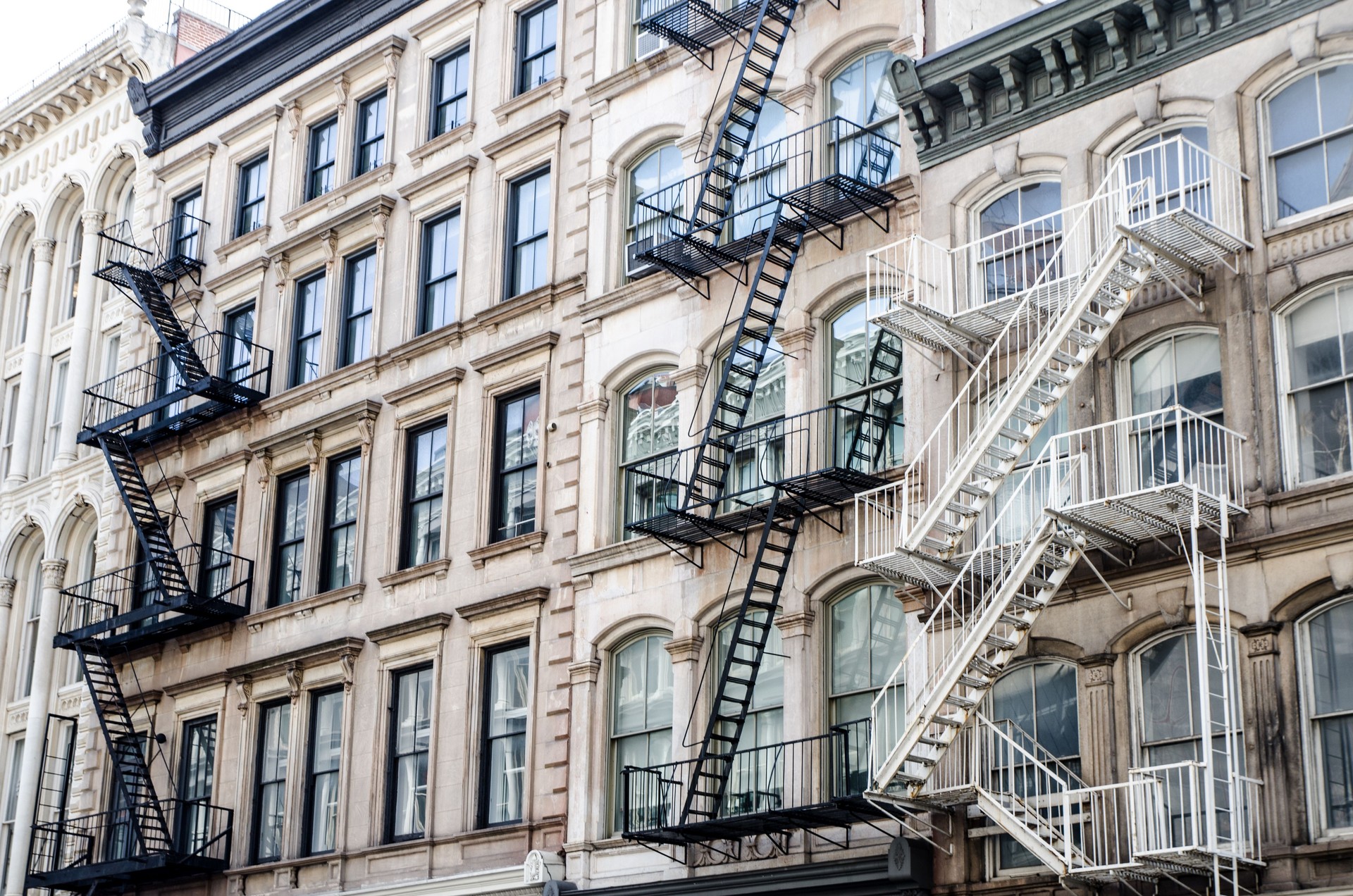 Exterior fire escape staircases