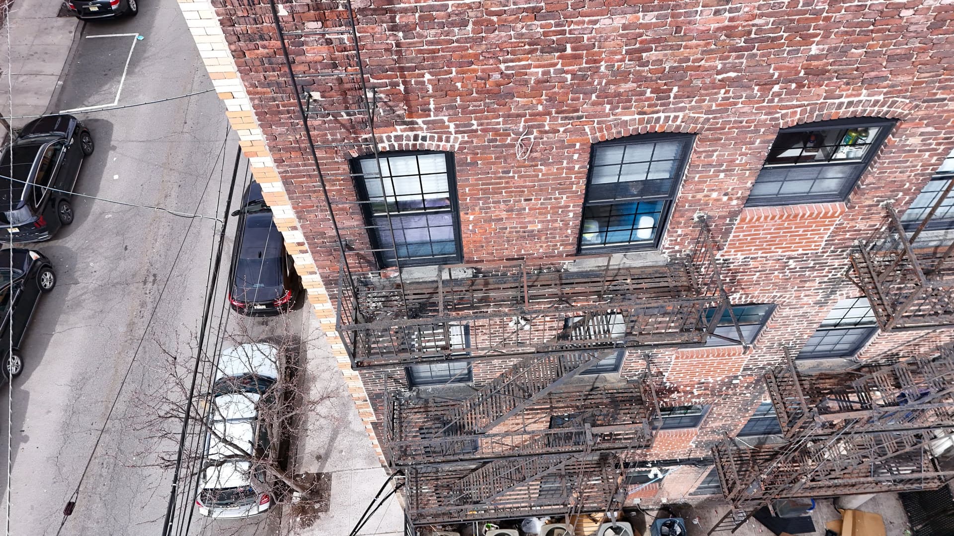 Exterior fire escape on a multi-story apartment building